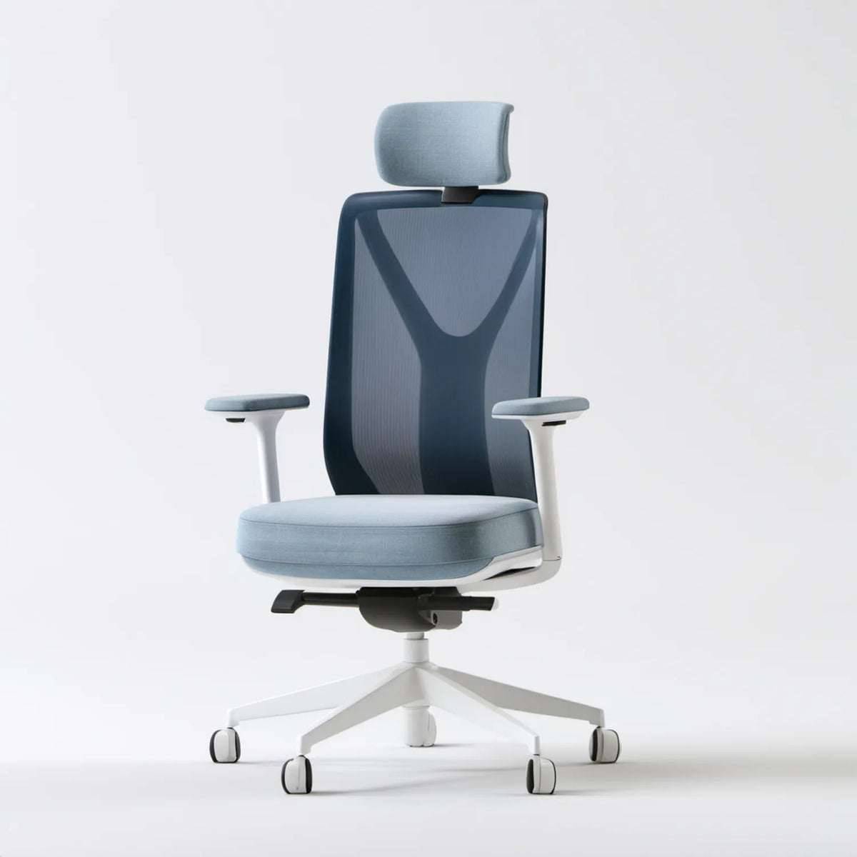 Ergonomiczne krzesło obrotowe z zagłówkiem i siatkowym oparciem jasnoszaro-granatowe 65 x 65 x 118–128 cm