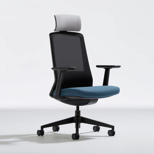 Ergonomiczny fotel obrotowy z zagłówkiem i siatkowym oparciem czarno-niebiesko-szary 64 x 64 x 116-126 cm