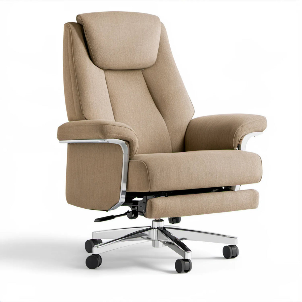 Beżowy ergonomiczny fotel biurowy obrotowy z wysuwanym podnóżkiem 68 x 68 x 118–128 cm