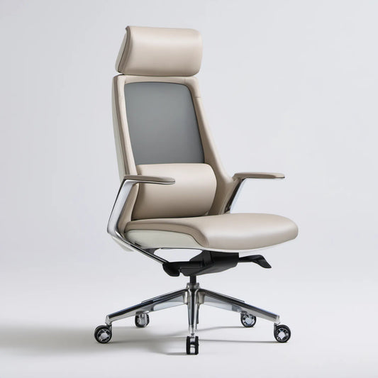 Ergonomiczny fotel biurowy obrotowy z regulowanym zagłówkiem, kremowy, 68 × 68 × 120–130 cm