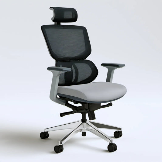 Ergonomiczny fotel obrotowy z zagłówkiem, czarno-szaro-srebrny, 66 x 66 x 114–124 cm